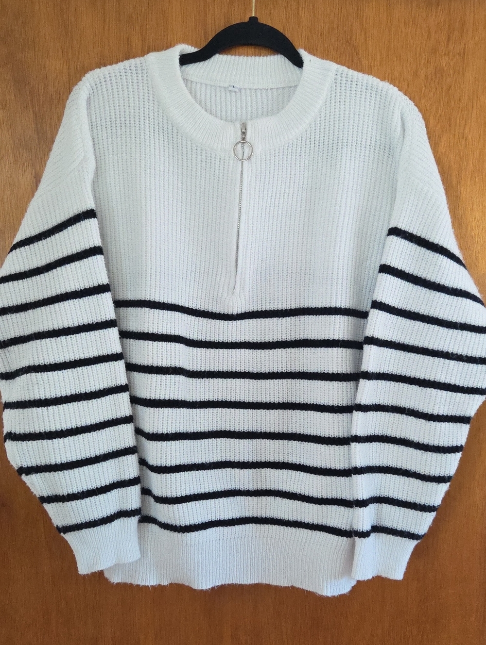 Women's Striped Half-Zip Crewneck Sweater in White and Navy